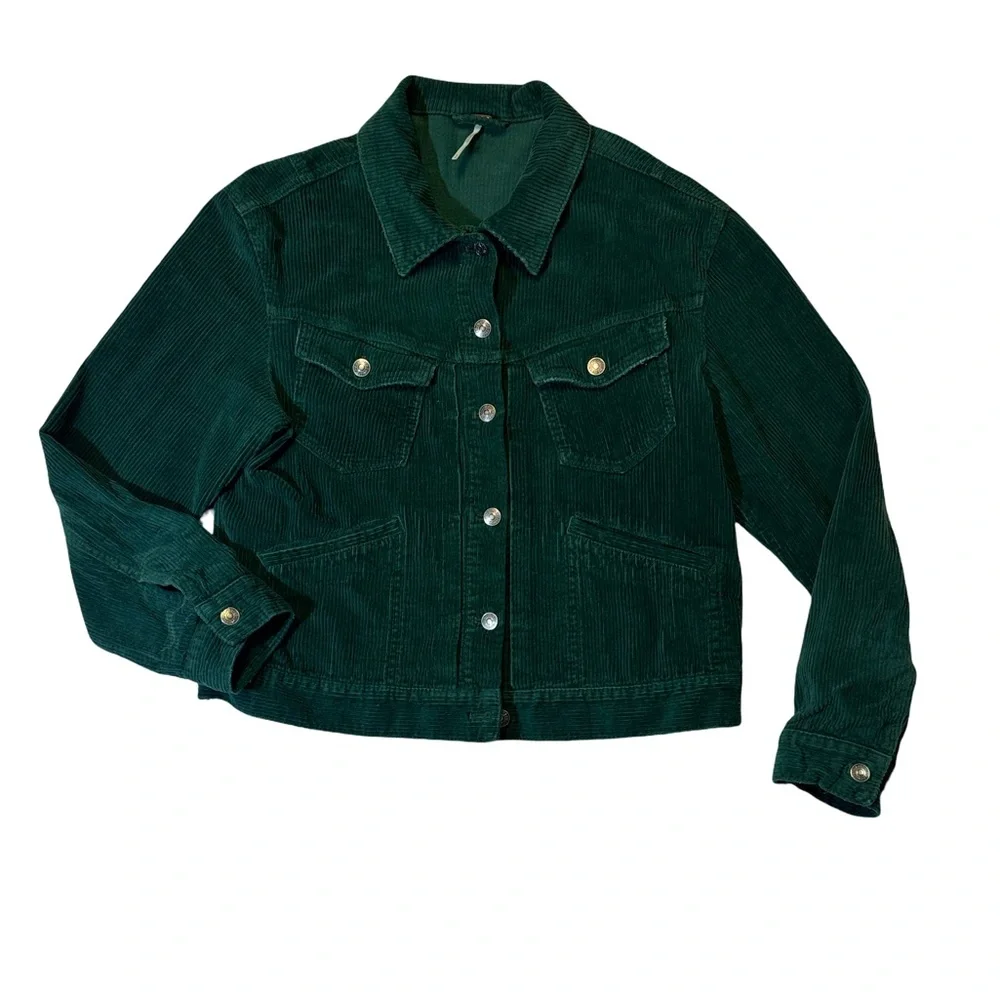 Free People womens M Medium green Nelson button up corduroy trucker jacket EUC